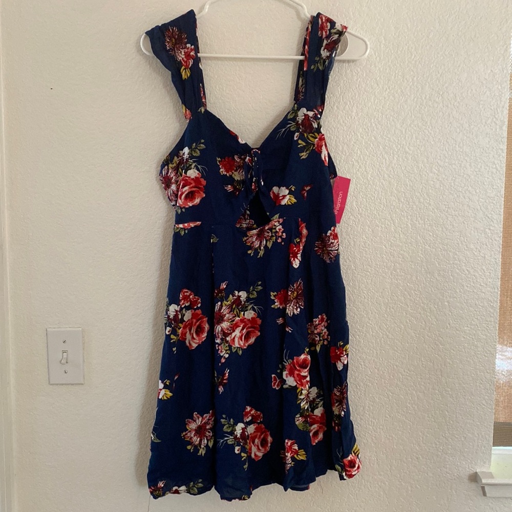 Dress, navy with rose/floral pattern, triangular cutout at waste/below chest